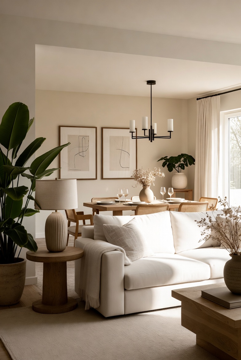 Living room styled around a relaxed lifestyle with soft textiles and natural tones